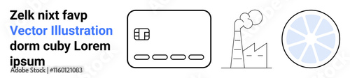 Credit card icon, factory emitting smoke, and segmented pie chart alongside placeholder text. Ideal for finance, pollution, data analysis, economics, technology concepts, industrial impact