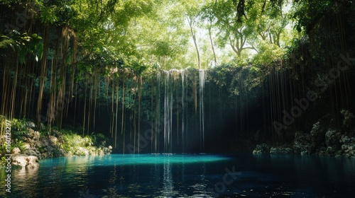 Tropical Cenote with Lush Greenery and a Waterfall