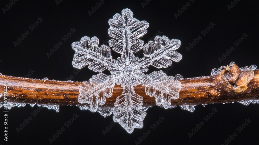 Intricate Snowflake Crystal Perched on a Winter Branch Intricate Snowflake Crystal Perched on a Winter Branch