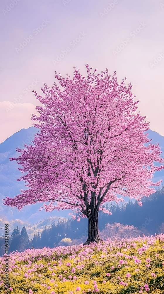 A magnificent and beautiful cherry blossom tree standing alone, with a beautiful view A magnificent and beautiful cherry blossom tree standing alone, with a beautiful view