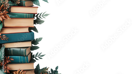 Stack of colorful books surrounded by leaves. transparent background