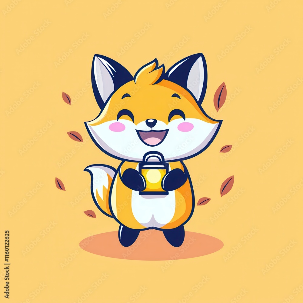A flat design cartoon vector of a cheerful baby fox holding a glowing lantern, surrounded by falling leaves, set on a pastel orange and brown background for a cozy woodland vibe. A flat design cartoon vector of a cheerful baby fox holding a glowing lantern, surrounded by falling leaves, set on a pastel orange and brown background for a cozy woodland vibe.