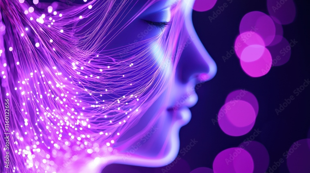 Woman's face illuminated by glowing purple fiber optic strands. Woman's face illuminated by glowing purple fiber optic strands.