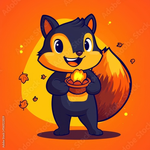 A flat design cartoon vector of a cheerful squirrel holding a glowing acorn, surrounded by falling leaves, set on a pastel brown and orange background for a charming woodland theme.  photo