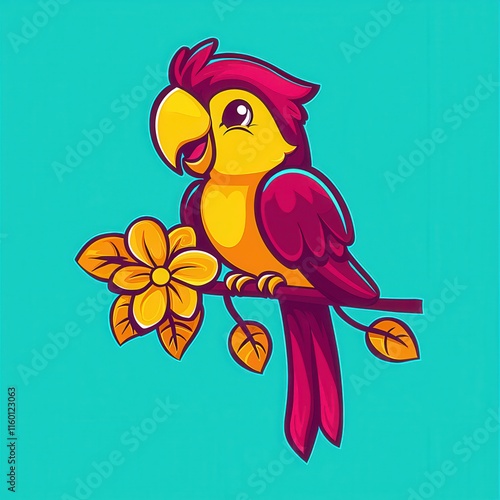 A flat design cartoon vector of a happy parrot perched on a glowing vine, surrounded by tropical flowers, set on a pastel green background for a vibrant jungle theme.  photo