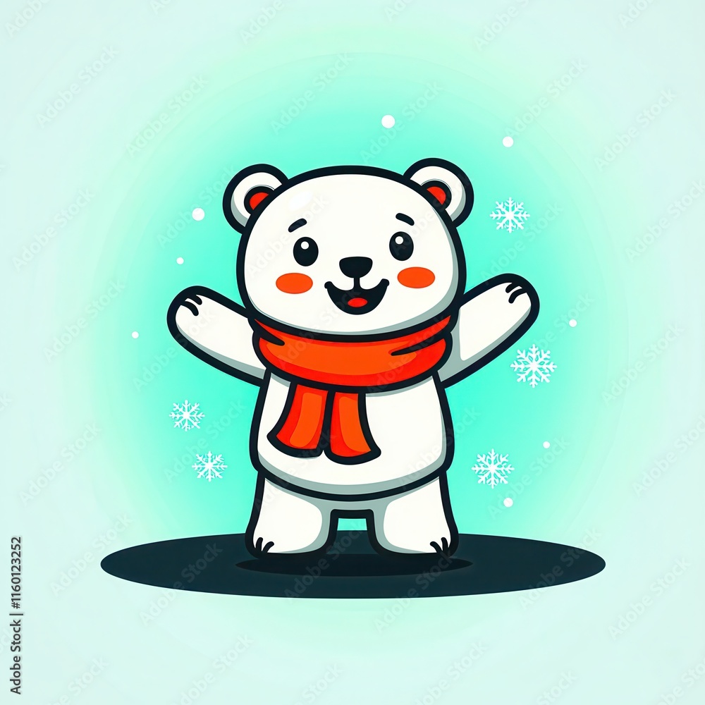 Fototapeta premium A flat design cartoon vector of a happy polar bear cub wearing a glowing scarf, surrounded by tiny snowflakes, set on a pastel blue and white background for a frosty and adorable winter design.