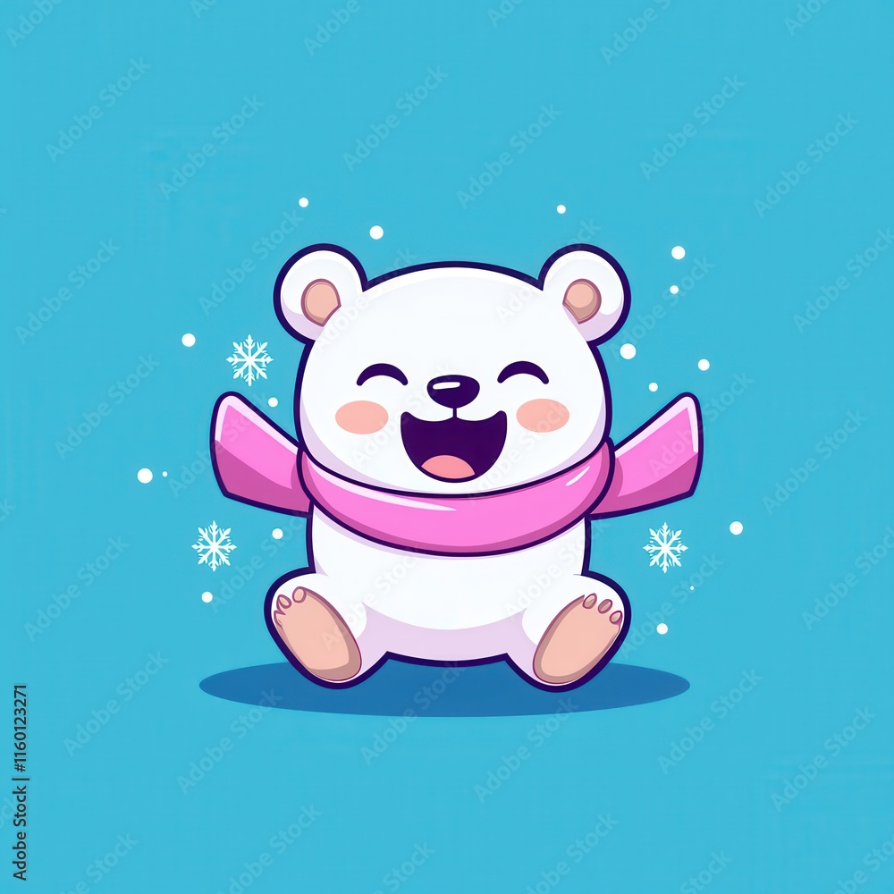 A flat design cartoon vector of a happy polar bear cub wearing a glowing scarf, surrounded by tiny snowflakes, set on a pastel blue and white background for a frosty and adorable winter design. A flat design cartoon vector of a happy polar bear cub wearing a glowing scarf, surrounded by tiny snowflakes, set on a pastel blue and white background for a frosty and adorable winter design.