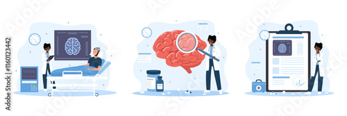 Neurologist concept. African Woman in medical uniform study brain diseases. Anatomy and biology. Vector illustration in flat cartoon style.