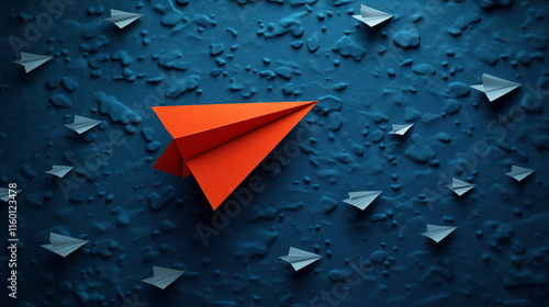 A bold red paper airplane leads the way among many white ones, representing a clear direction in a sea of options in traveling.