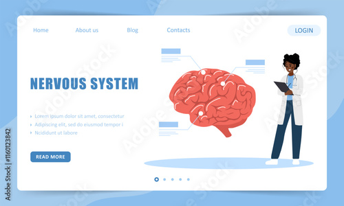 Nervous system concept. Landing page template. African Woman in medical uniform treat brain. Neurology disease diagnostics. Vector illustration in flat cartoon style.