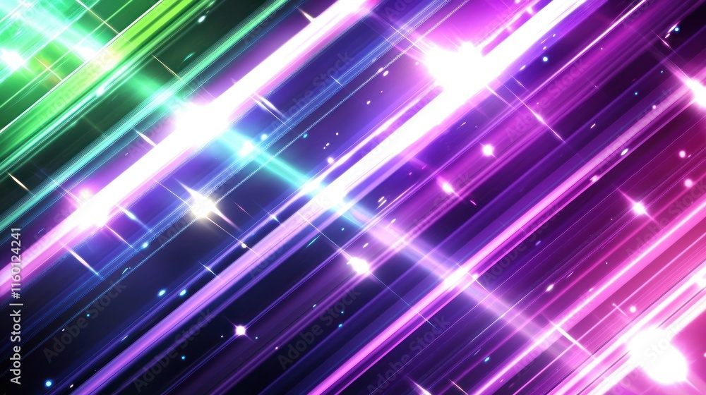 Abstract diagonal lines of vibrant neon lights with bright sparkles on a dark background. Abstract diagonal lines of vibrant neon lights with bright sparkles on a dark background.