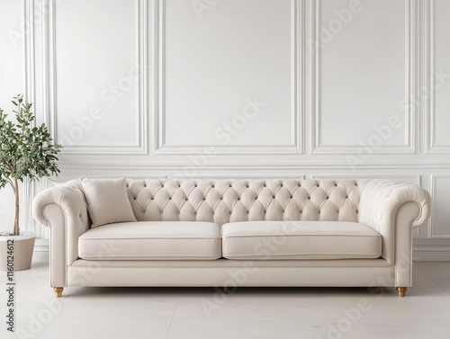 Plush beige sectional sofa with tufted details, set in a living room with elegant crystal lighting and gold accents, sofa, luxurious and charming photo