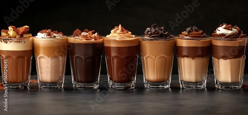 A row of various delicious coffee drinks topped with whipped cream and chocolate.
