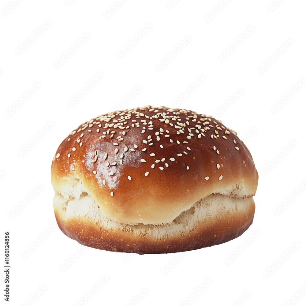 Freshly baked burger bun with sesame seeds, isolated on transparent background, high-resolution detail showing soft texture. Freshly baked burger bun with sesame seeds, isolated on transparent background, high-resolution detail showing soft texture.