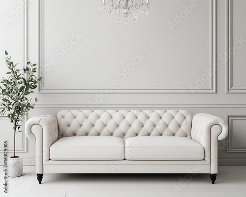 Plush cream tufted sofa in a living room with crystal chandelier and silk curtains, sofa, luxurious and timeless photo