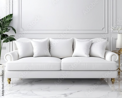 Elegant creamcolored sofa with plush pillows, set in a living room with marble floors and brass accents, sofa, luxurious and cozy photo