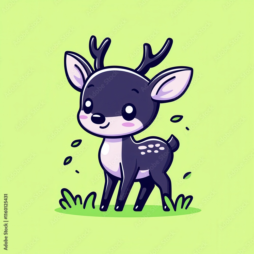 A minimal flat design cartoon vector of a smiling baby deer standing in glowing grass, surrounded by falling leaves, set on a pastel yellow and green background for a cozy woodland vibe. A minimal flat design cartoon vector of a smiling baby deer standing in glowing grass, surrounded by falling leaves, set on a pastel yellow and green background for a cozy woodland vibe.