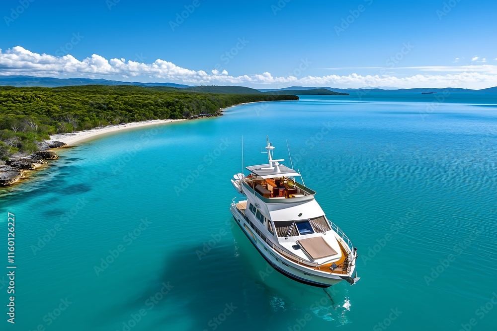 Luxury yacht sailing in crystal clear waters tropical beach aerial view paradise escape Luxury yacht sailing in crystal clear waters tropical beach aerial view paradise escape