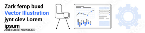Desk chair, data analytics chart, gear icon. Ideal for business workflows, productivity, office environments, data analysis, efficiency, management, presentation. Landing page