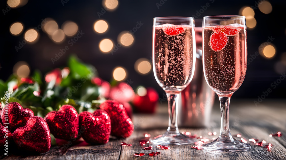 Romantic Evening with Sparkling Rose Wine and Strawberries in Elegant Glasses : Generative AI Romantic Evening with Sparkling Rose Wine and Strawberries in Elegant Glasses : Generative AI