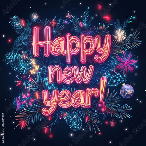 Happy handwriting text that says "Happy new year!" In neon letters over a dark gradient background with Christmas motifs in neon