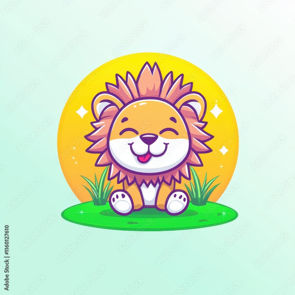 A playful flat design cartoon vector of a cheerful lion cub with a glowing mane, sitting on sparkling grass, surrounded by tiny stars, set on a pastel yellow and orange gradient background for A playful flat design cartoon vector of a cheerful lion cub with a glowing mane, sitting on sparkling grass, surrounded by tiny stars, set on a pastel yellow and orange gradient background for