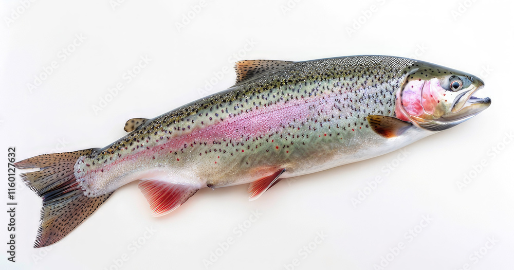 A fresh rainbow trout displayed on a white background. A fresh rainbow trout displayed on a white background.