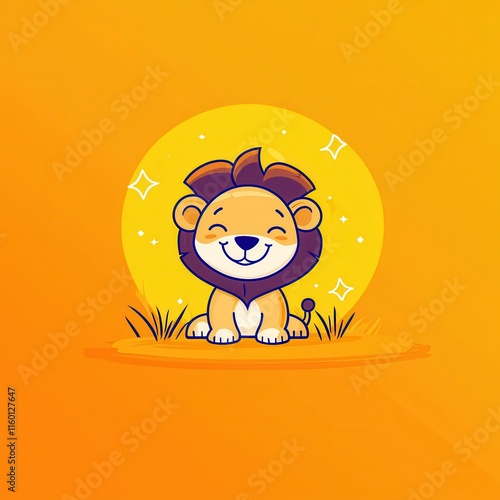 A playful flat design cartoon vector of a cheerful lion cub with a glowing mane, sitting on sparkling grass, surrounded by tiny stars, set on a pastel yellow and orange gradient background for  photo