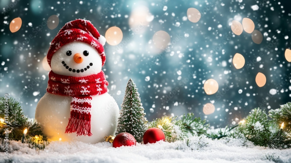 Festive Snowman Winter Scene With Lights And Ornaments Festive Snowman Winter Scene With Lights And Ornaments
