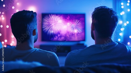 Two Men Watching Colorful Fireworks Display on Television in a Cozy Room with Ambient Lighting and Decorations for a Festive Celebration