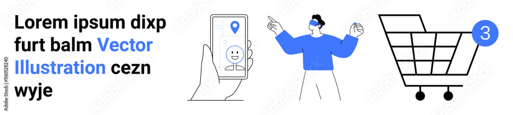 Hand holds smartphone showing location, male figure in AR glasses pointing, shopping cart with 3 items. Ideal for e-commerce, tech presentations, online retail, digital marketing, virtual reality Hand holds smartphone showing location, male figure in AR glasses pointing, shopping cart with 3 items. Ideal for e-commerce, tech presentations, online retail, digital marketing, virtual reality