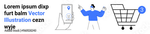 Hand holds smartphone showing location, male figure in AR glasses pointing, shopping cart with 3 items. Ideal for e-commerce, tech presentations, online retail, digital marketing, virtual reality