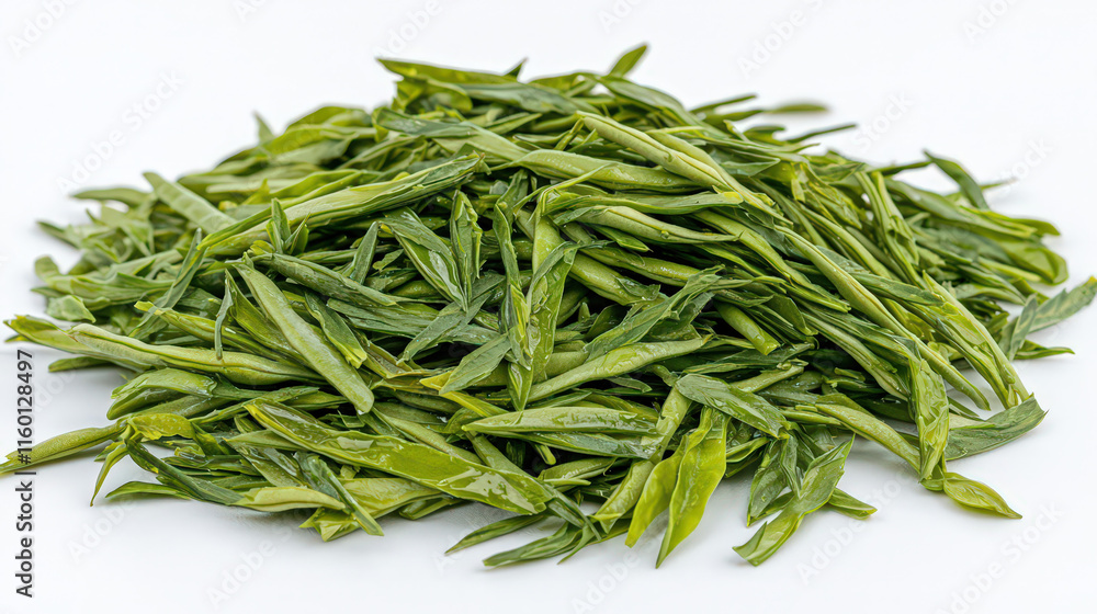A pile of fresh green beans, long and slender, with a vibrant green color and slightly glossy surface. The beans should be arranged in a natural, overlapping manner to emphasize their freshness A pile of fresh green beans, long and slender, with a vibrant green color and slightly glossy surface. The beans should be arranged in a natural, overlapping manner to emphasize their freshness