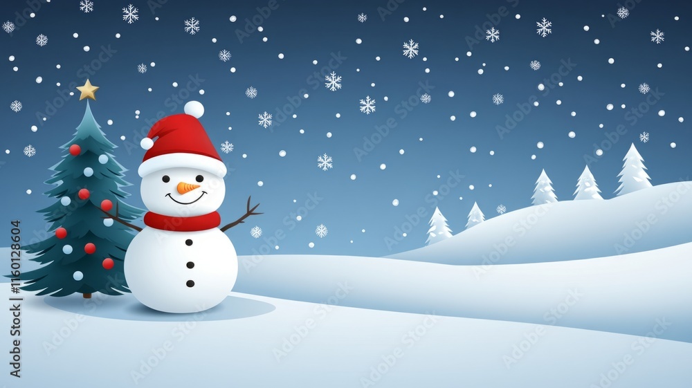 Festive Snowman Beside Decorated Christmas Tree In Snowy Landscape Festive Snowman Beside Decorated Christmas Tree In Snowy Landscape