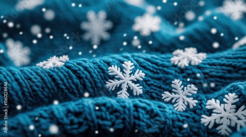 Cozy Knit Texture Featuring Snowflakes on a Deep Blue Background in a Winter Wonderland Setting Captured with Soft Focus and Gentle Snowfall Effect