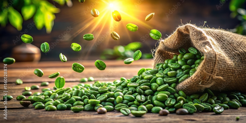 Fototapeta premium Green Coffee Beans Action Shot: Fresh Harvest, Roasting Process, Brewing, Energy Boost, Coffee Plant, Organic Coffee