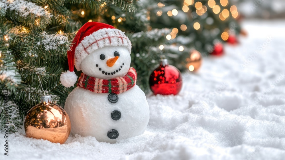 Festive Snowman Near Christmas Tree With Ornaments Festive Snowman Near Christmas Tree With Ornaments