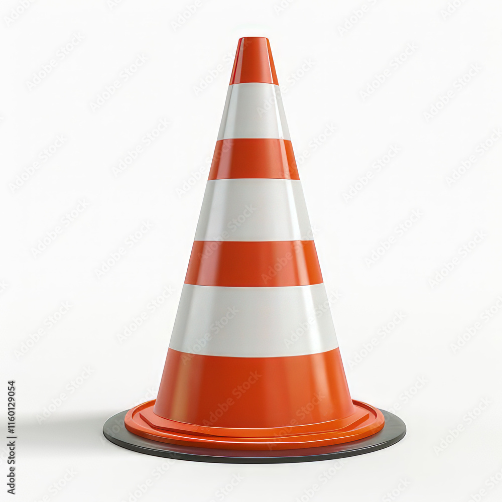 A traffic cone with alternating orange and white stripes, used for road safety and direction. isolated on white background
