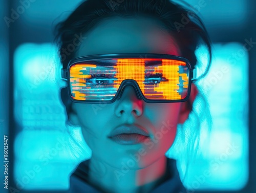 Closeup of a user wearing AR glasses in a smart home, controlling devices via digital overlays projected in their vision