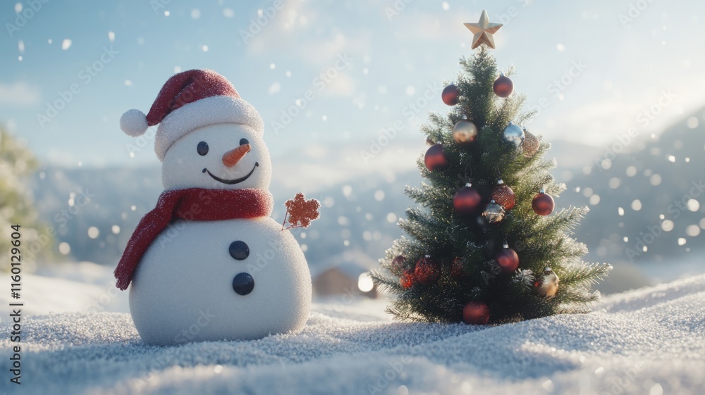 Festive Snowman And Decorated Christmas Tree In Snowy Landscape Festive Snowman And Decorated Christmas Tree In Snowy Landscape