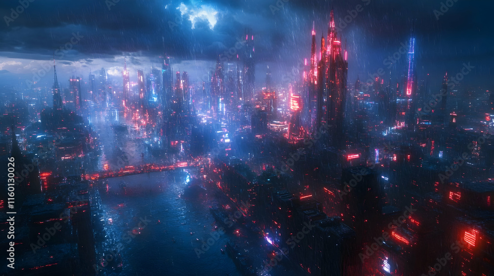 A futuristic cityscape illuminated by neon lights amidst a stormy atmosphere. A futuristic cityscape illuminated by neon lights amidst a stormy atmosphere.