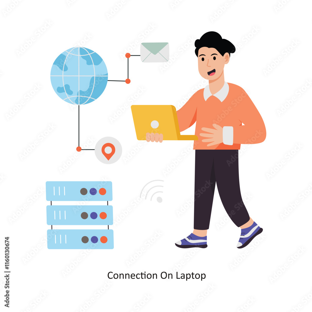 Connection On Laptop concept vector illustration. Database isolated On white Background. Connection On Laptop concept vector illustration. Database isolated On white Background.