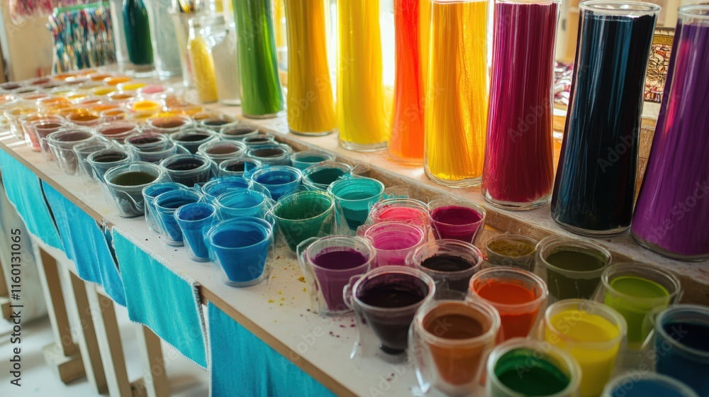 A carefully arranged textile dyeing and fabric design studio, Dye pots and textile samples in vibrant colors, Artistic textile design style A carefully arranged textile dyeing and fabric design studio, Dye pots and textile samples in vibrant colors, Artistic textile design style