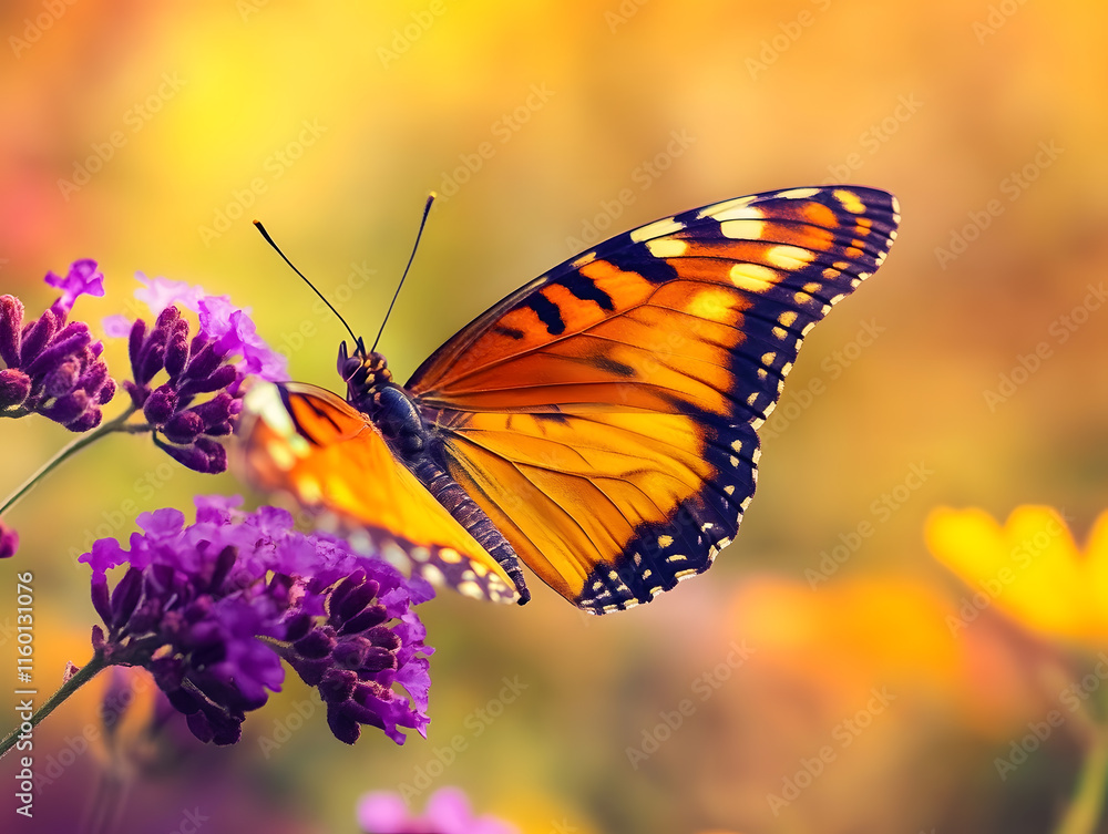 Vibrant Orange and Black Monarch Butterfly on Purple Flowers with Soft Focus Background : Generative AI Vibrant Orange and Black Monarch Butterfly on Purple Flowers with Soft Focus Background : Generative AI