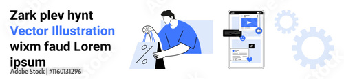 Man holding shopping bags with percentage signs, mobile phone interface with website and video, gears behind. Ideal for e-commerce, shopping apps, online businesses, marketing, sales, technology