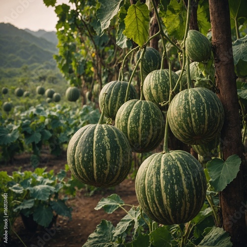 Bitter melons hanging from a vine in an Asian countryside.