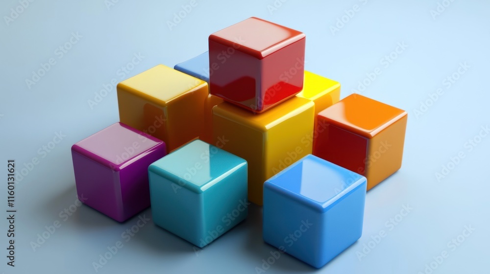 Colorful Cubes Arrangement: A Vivid Display of Geometric Shapes and Shiny Surfaces Colorful Cubes Arrangement: A Vivid Display of Geometric Shapes and Shiny Surfaces
