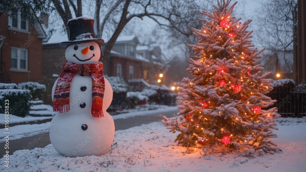 Obraz premium Festive Snowman and Decorated Christmas Tree in Winter