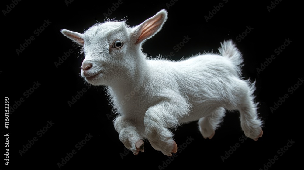 flat vector Illustration. A baby goat playfully jumping. The goat has soft white fur and a playful expression. black background. flat vector Illustration. A baby goat playfully jumping. The goat has soft white fur and a playful expression. black background.