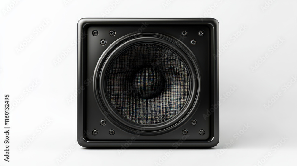 A sleek, modern subwoofer speaker with a black exterior and a large, prominent speaker cone. The speaker has a sturdy design with visible controls and a textured surface. The background is entirely wh A sleek, modern subwoofer speaker with a black exterior and a large, prominent speaker cone. The speaker has a sturdy design with visible controls and a textured surface. The background is entirely wh